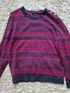 Tommy Hilfiger Magenta and Navy Striped Crewneck Sweater